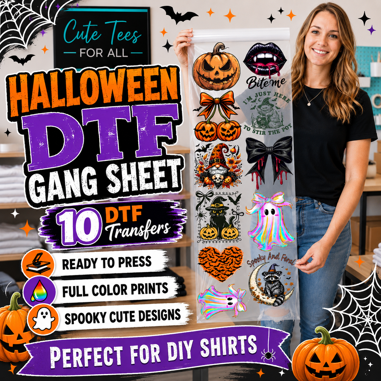 A woman holds up a clear vinyl sheet filled with Halloween-themed DTF transfer designs, surrounded by promotional text and spooky graphics including pumpkins, ghosts, bats, and spiderwebs.