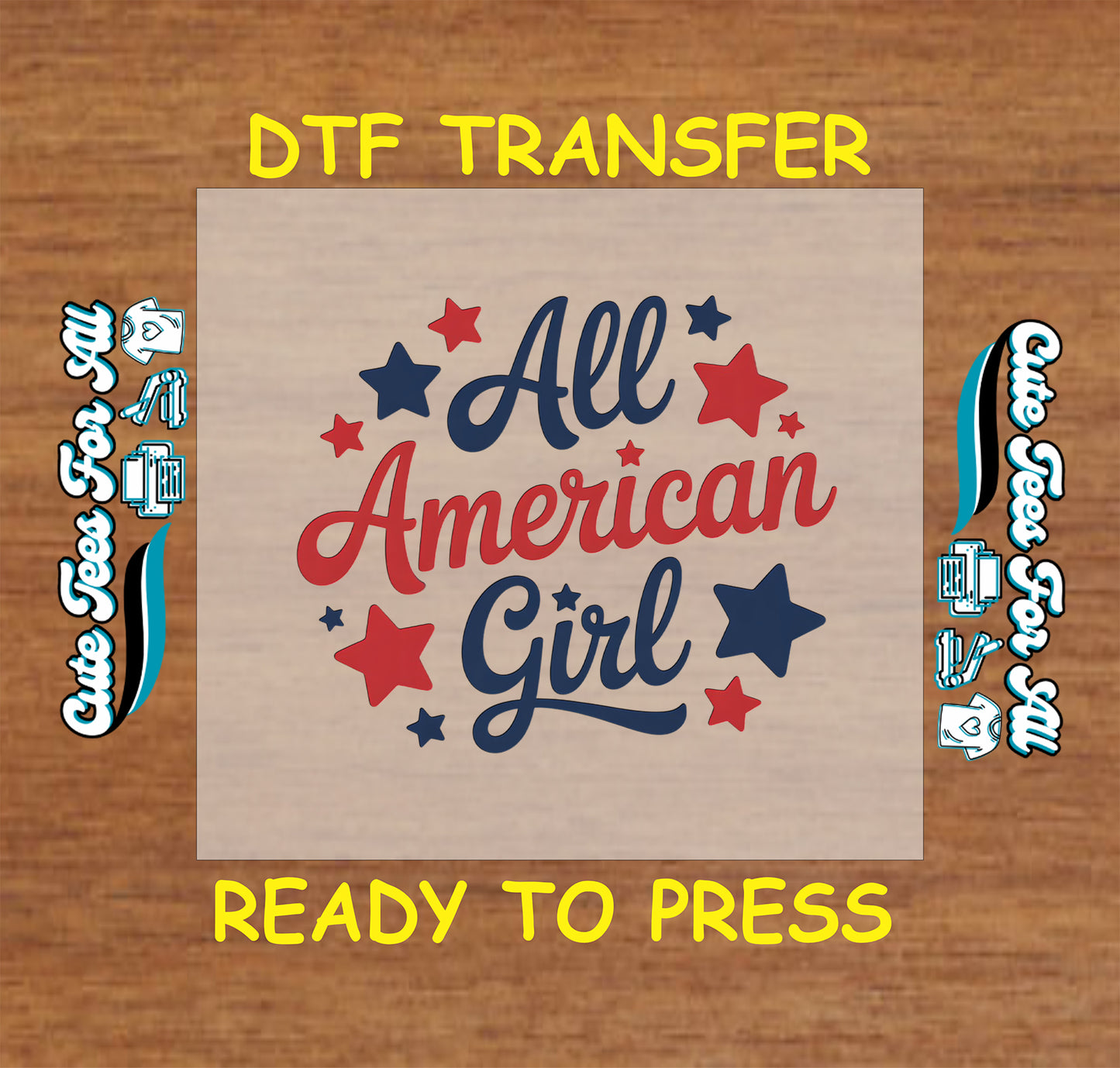 All American Girl text with red and blue stars in patriotic theme.