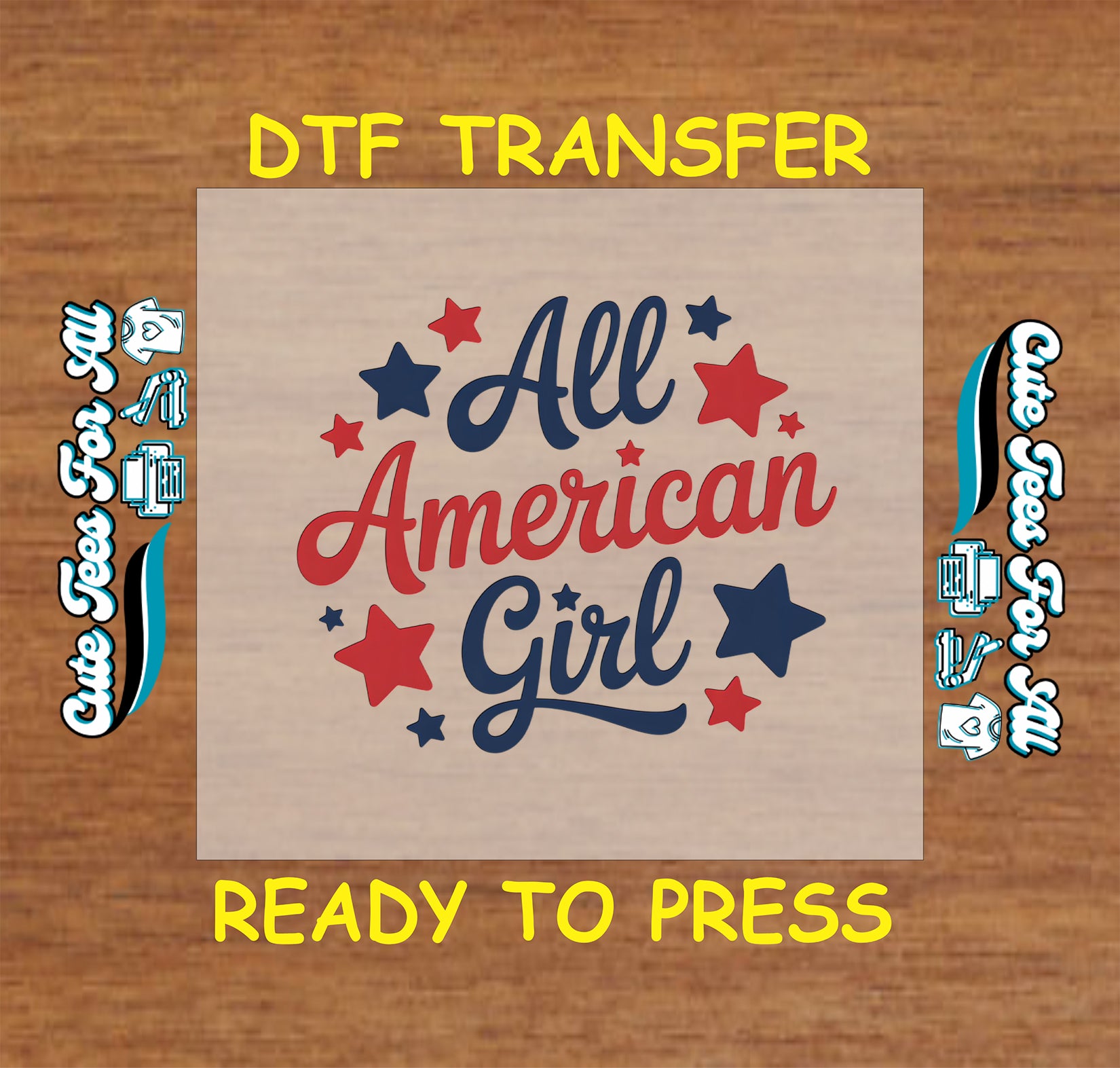All American Girl text with red and blue stars in patriotic theme.