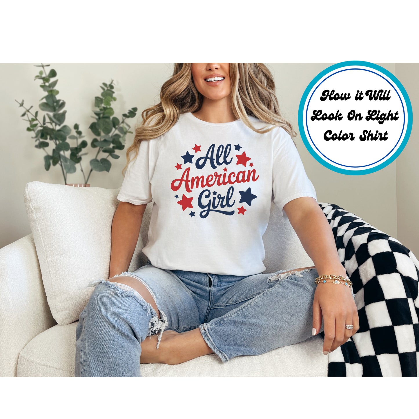 4th Of July DTF Transfer Iron On Heat Transfer - Ready to Press, All American Girl DTF Transfer 10016