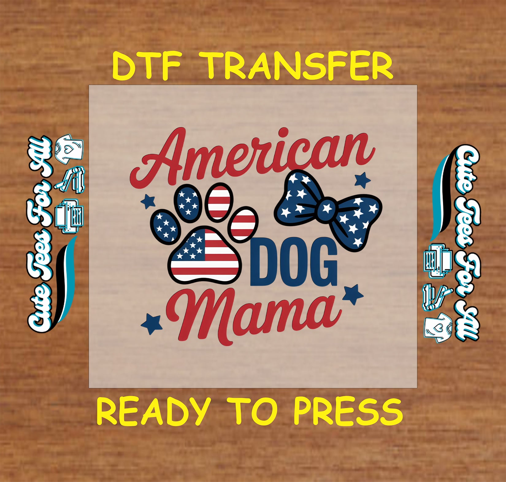 Red white and blue dog paw and bow with text American Dog Mama.
