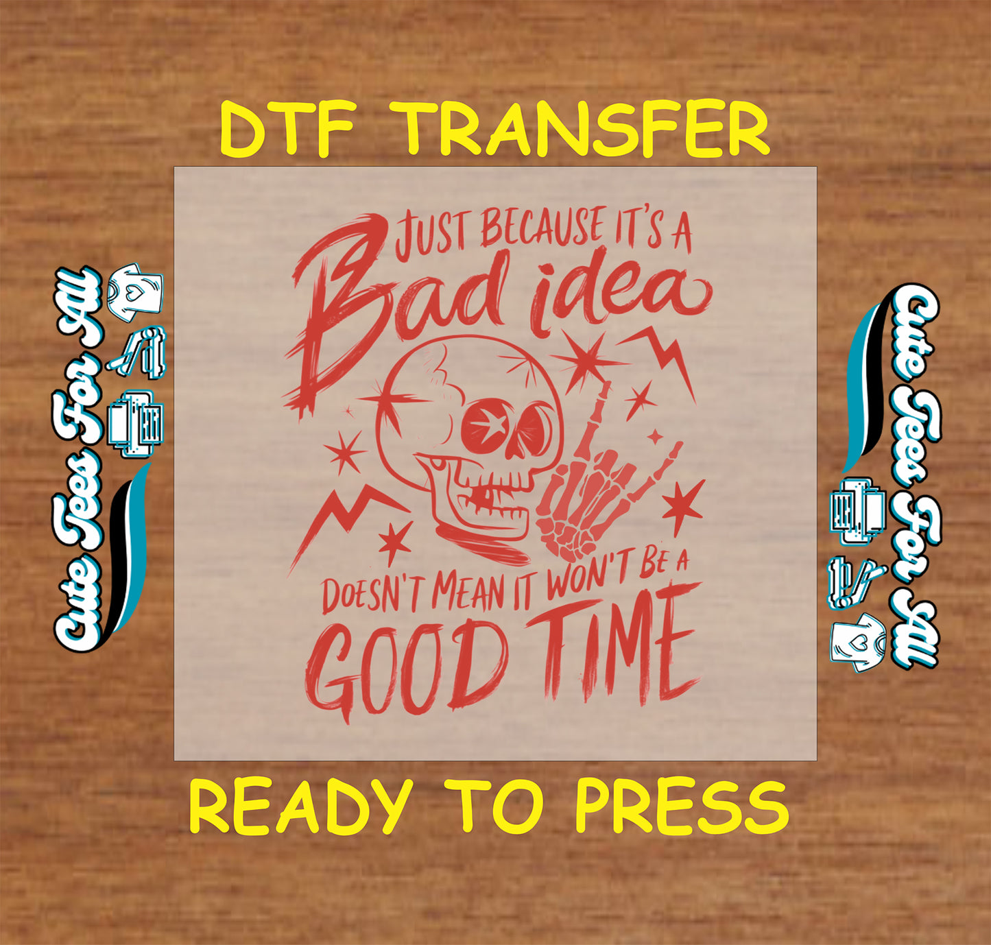 Red skull DTF transfer with lightning and funny quote.