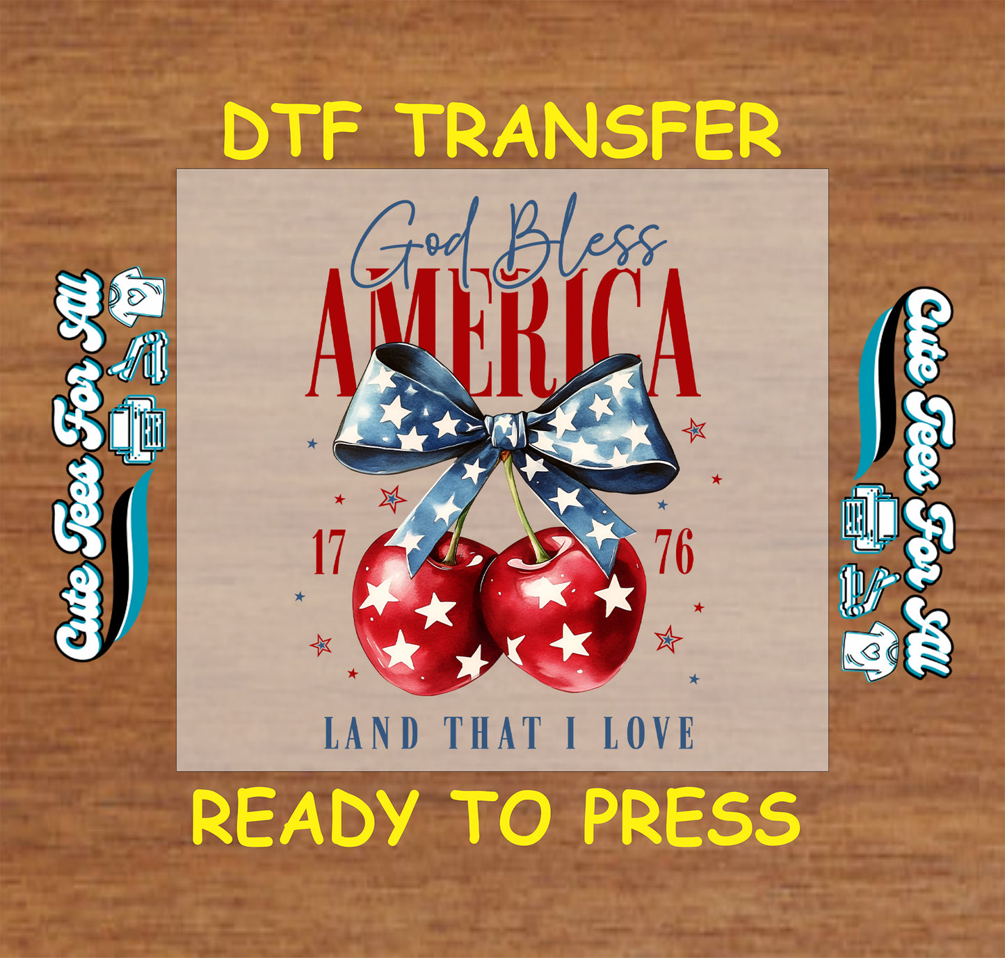God Bless America DTF transfer with cherry and star-spangled bow.