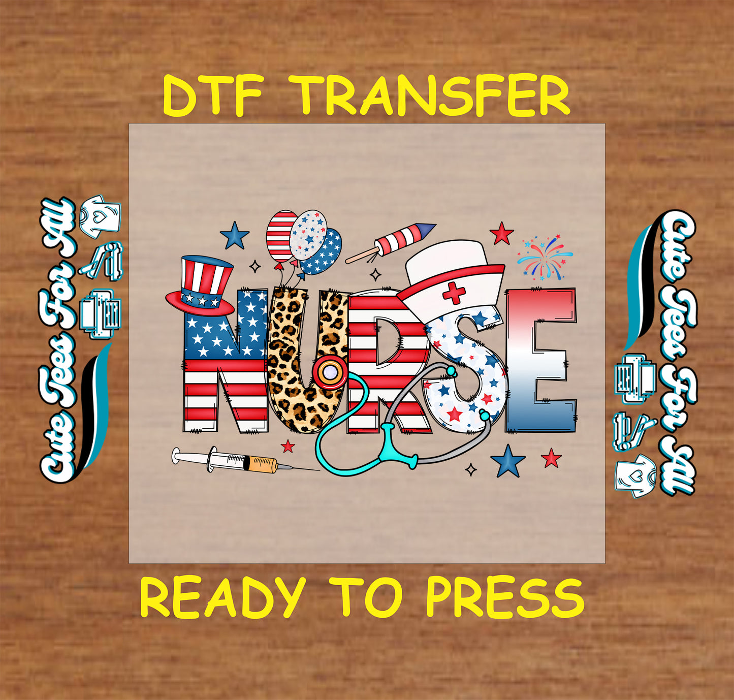Colorful retro nurse DTF transfer with stars, syringe, and stethoscope.