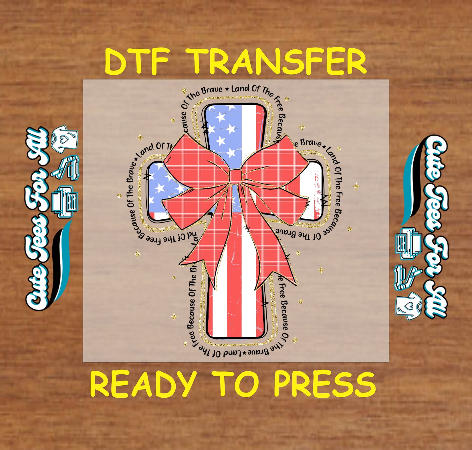 DTF transfer with American flag cross, red plaid bow, and patriotic text.