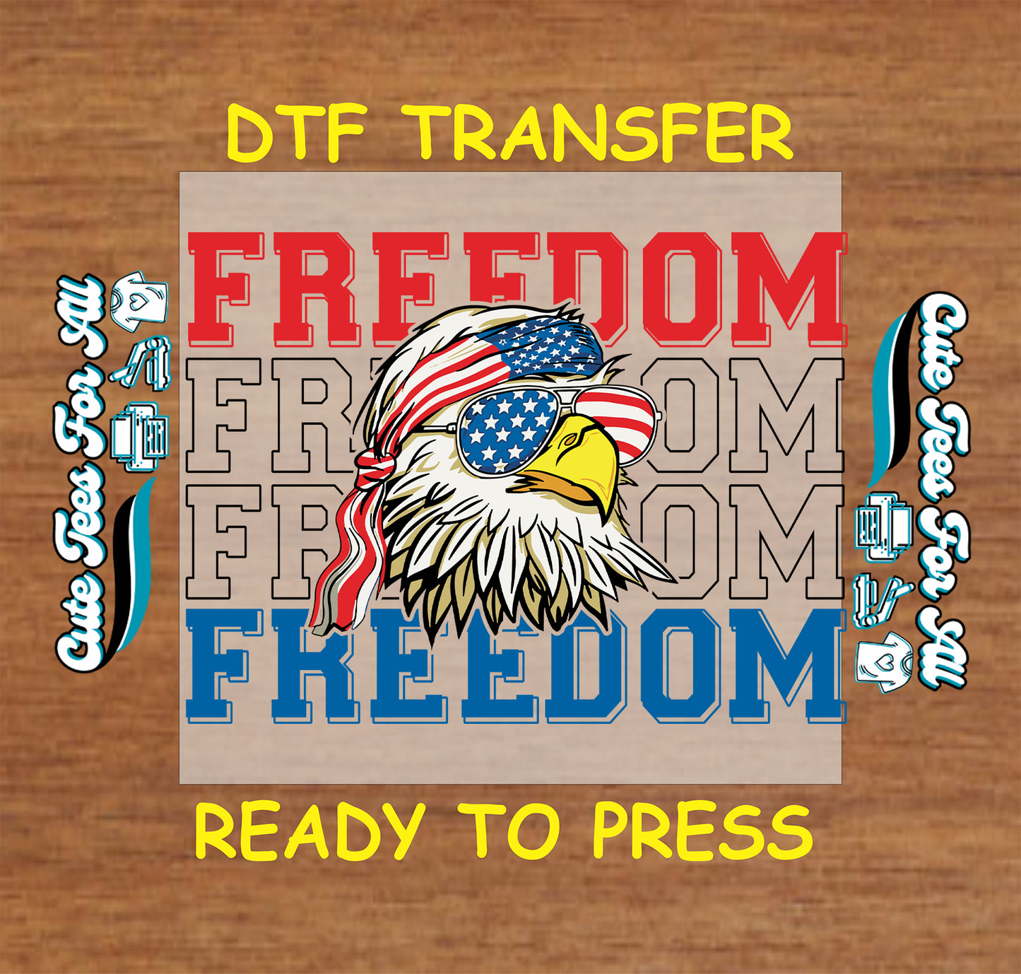 Patriotic bald eagle with flag bandana and sunglasses, surrounded by repeating "FREEDOM" text.