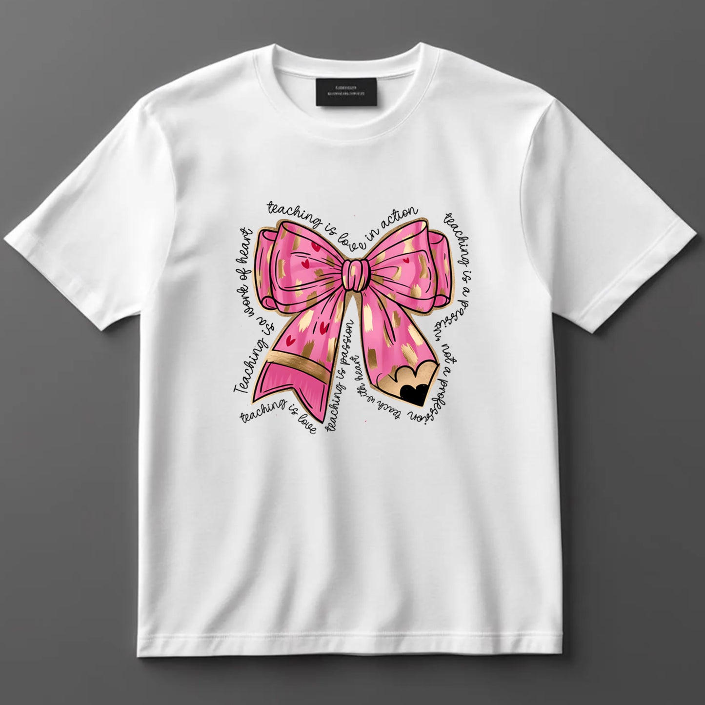 Teacher DTF Transfer Iron On Heat Transfer - Ready to Press, Pink Pencil Bow DTF Transfer 10082