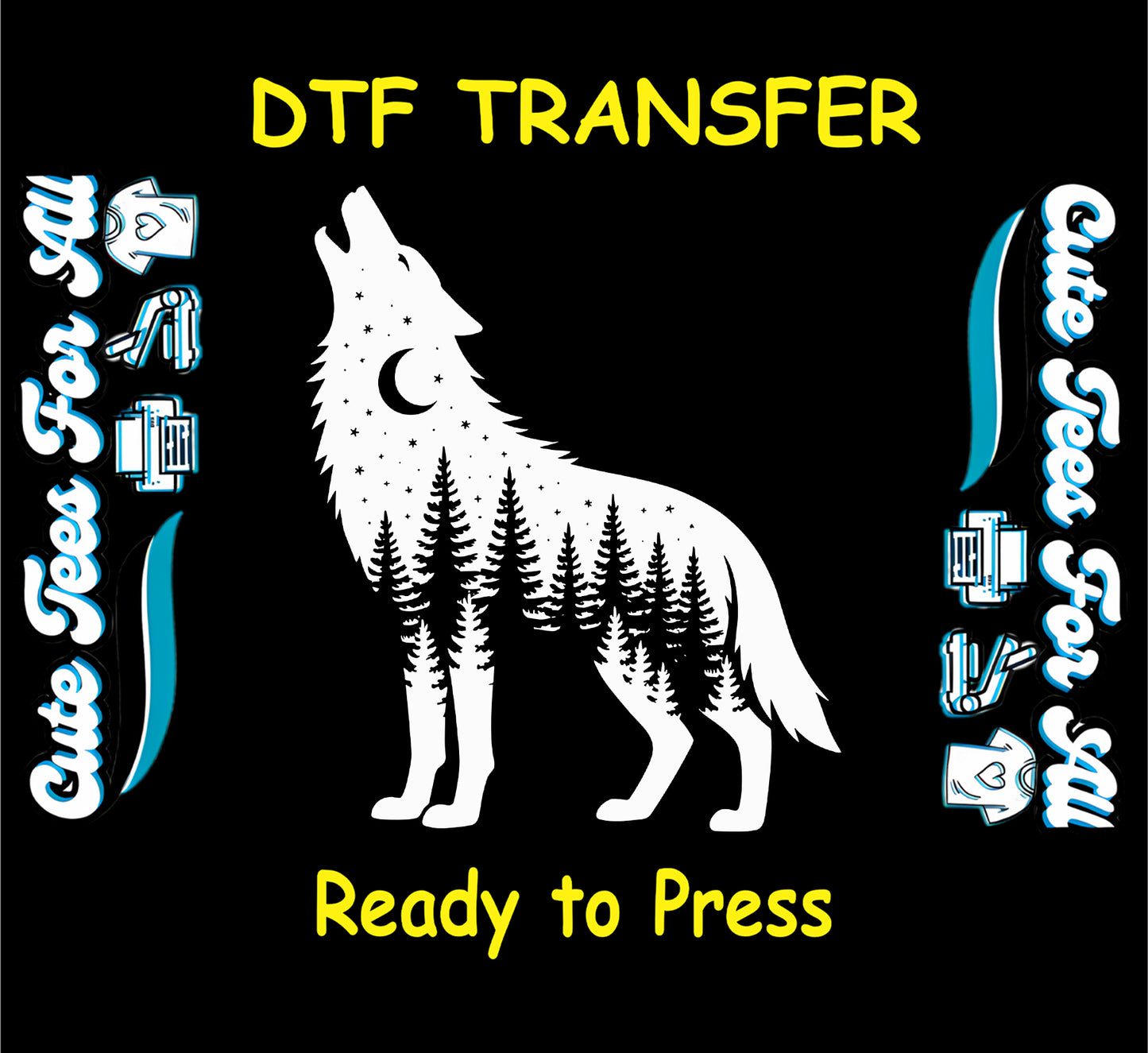 Howling wolf silhouette filled with trees, stars, and a crescent moon DTF transfer.