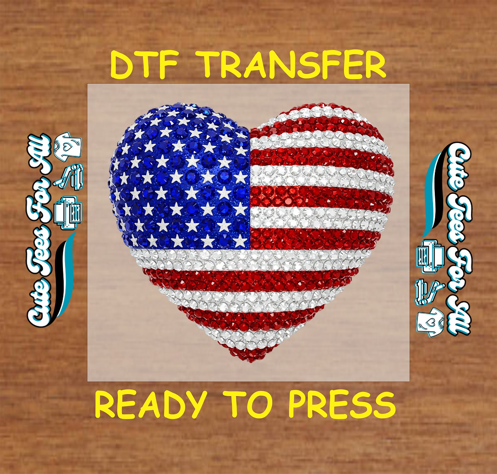 American flag heart DTF transfer with red, white, and blue rhinestone effect.