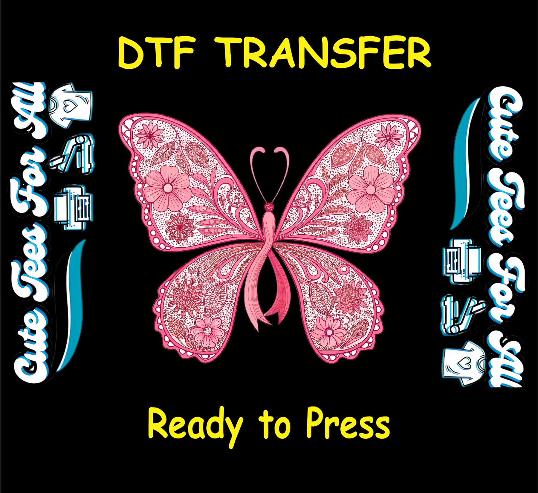 Pink butterfly DTF transfer with floral patterns and awareness ribbon wings.