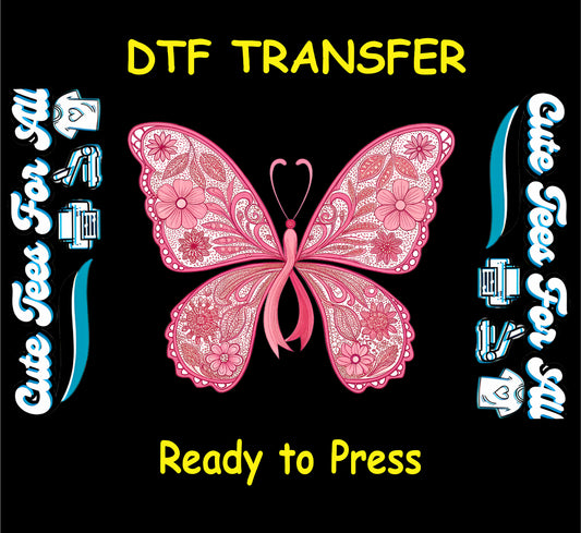 Pink butterfly DTF transfer with floral patterns and awareness ribbon wings.