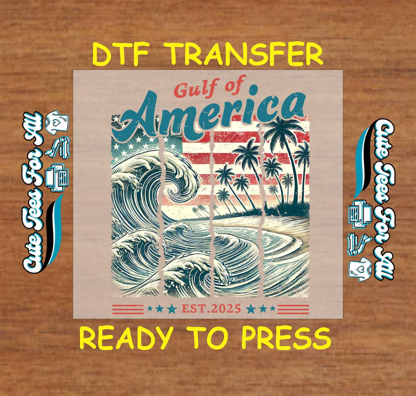 Gulf of America DTF transfer with waves, palm trees, stars, and distressed American flag.