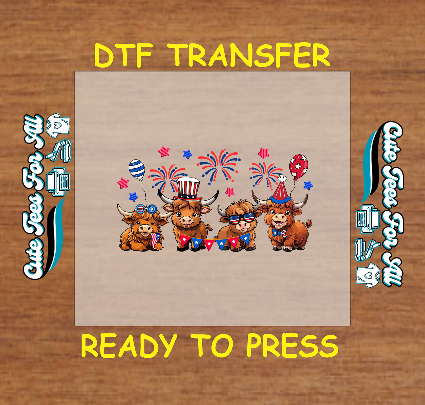 DTF transfer with patriotic Highland cows in red, white, and blue with fireworks and balloons.