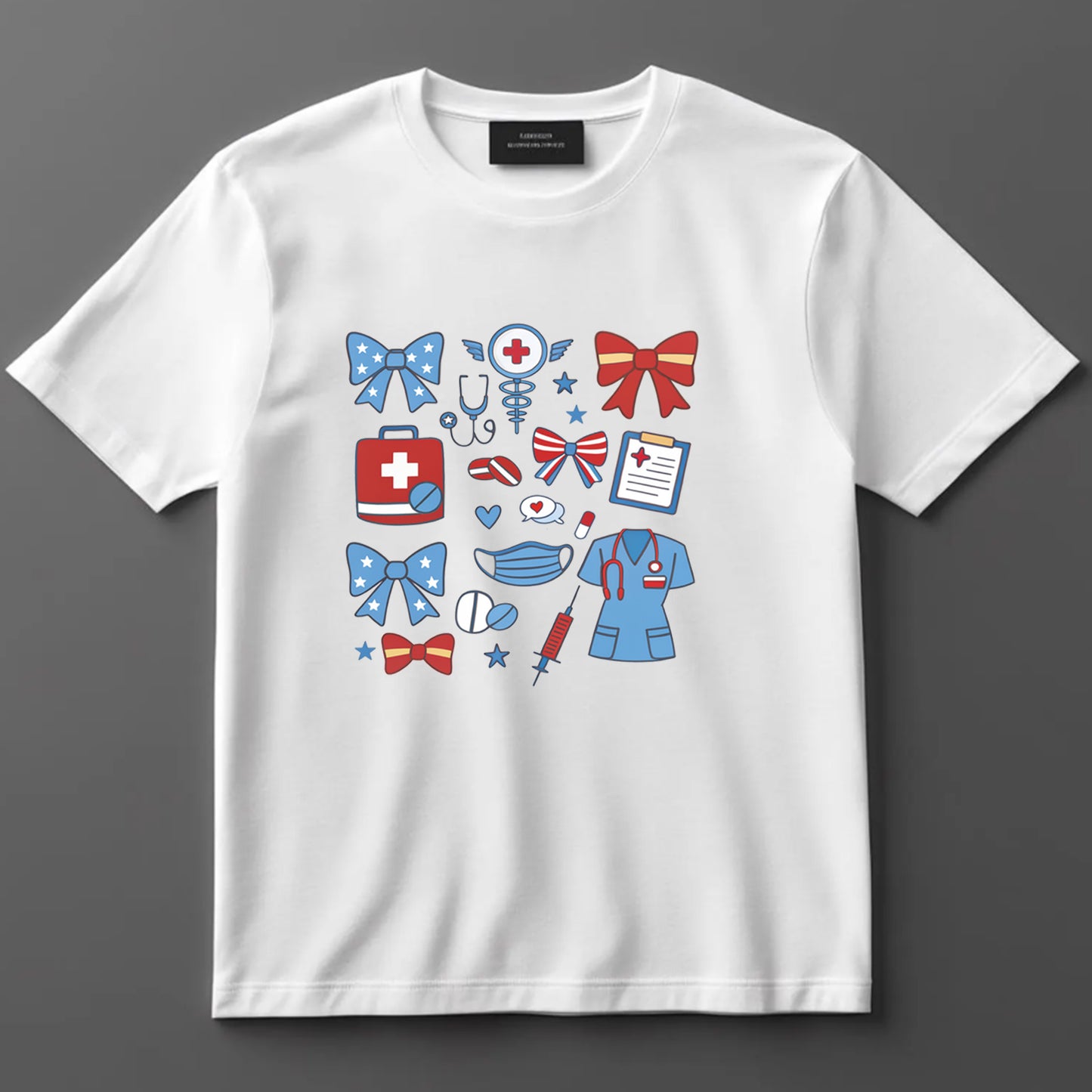 Nurse DTF Transfer Iron On Heat Transfer - Ready to Press, Patriotic Nurse Icons & Bows DTF Transfer 10143