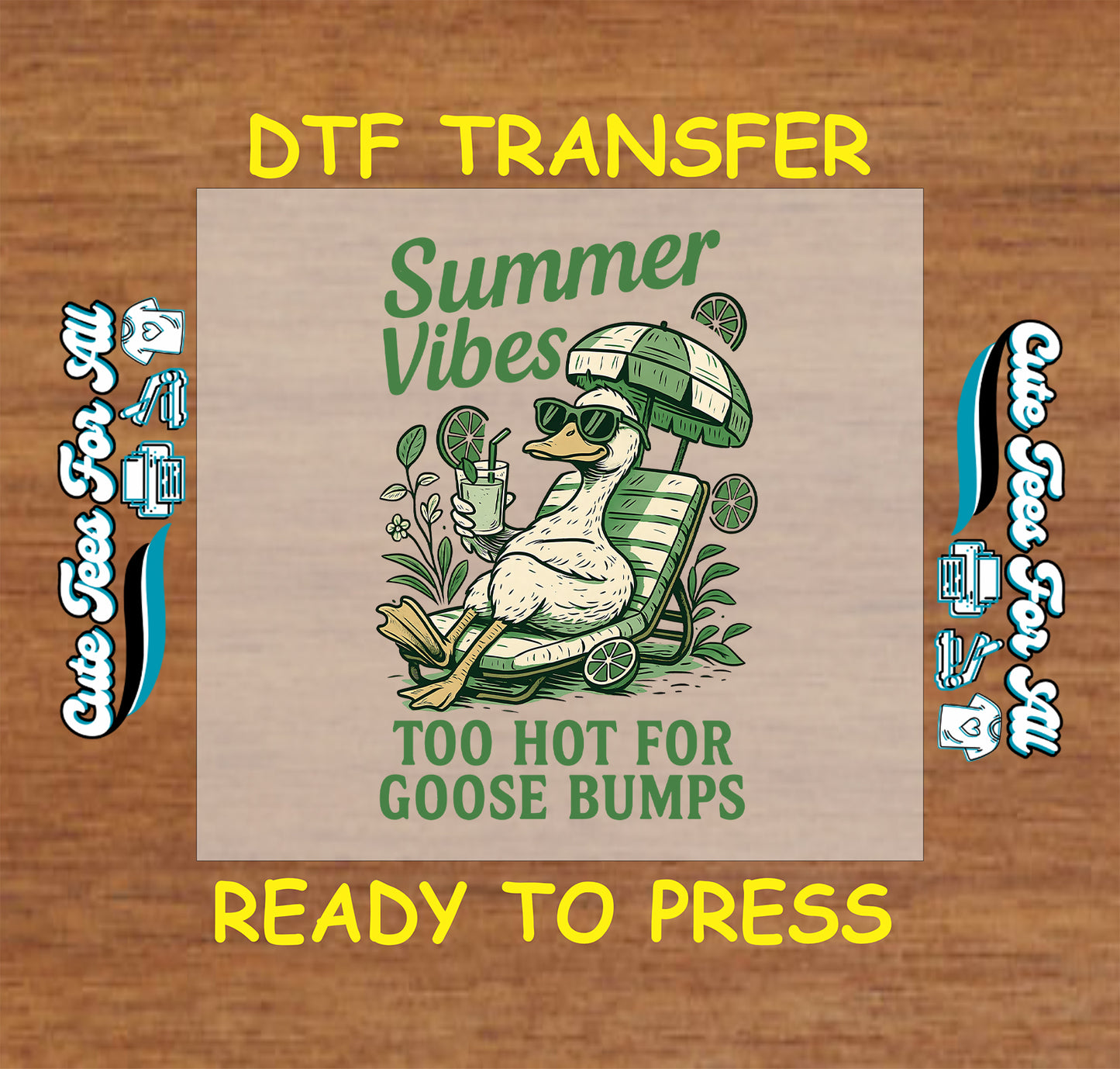 Retro goose lounging in chair with sunglasses, drink, and “Too Hot for Goose Bumps” summer vibes text.
