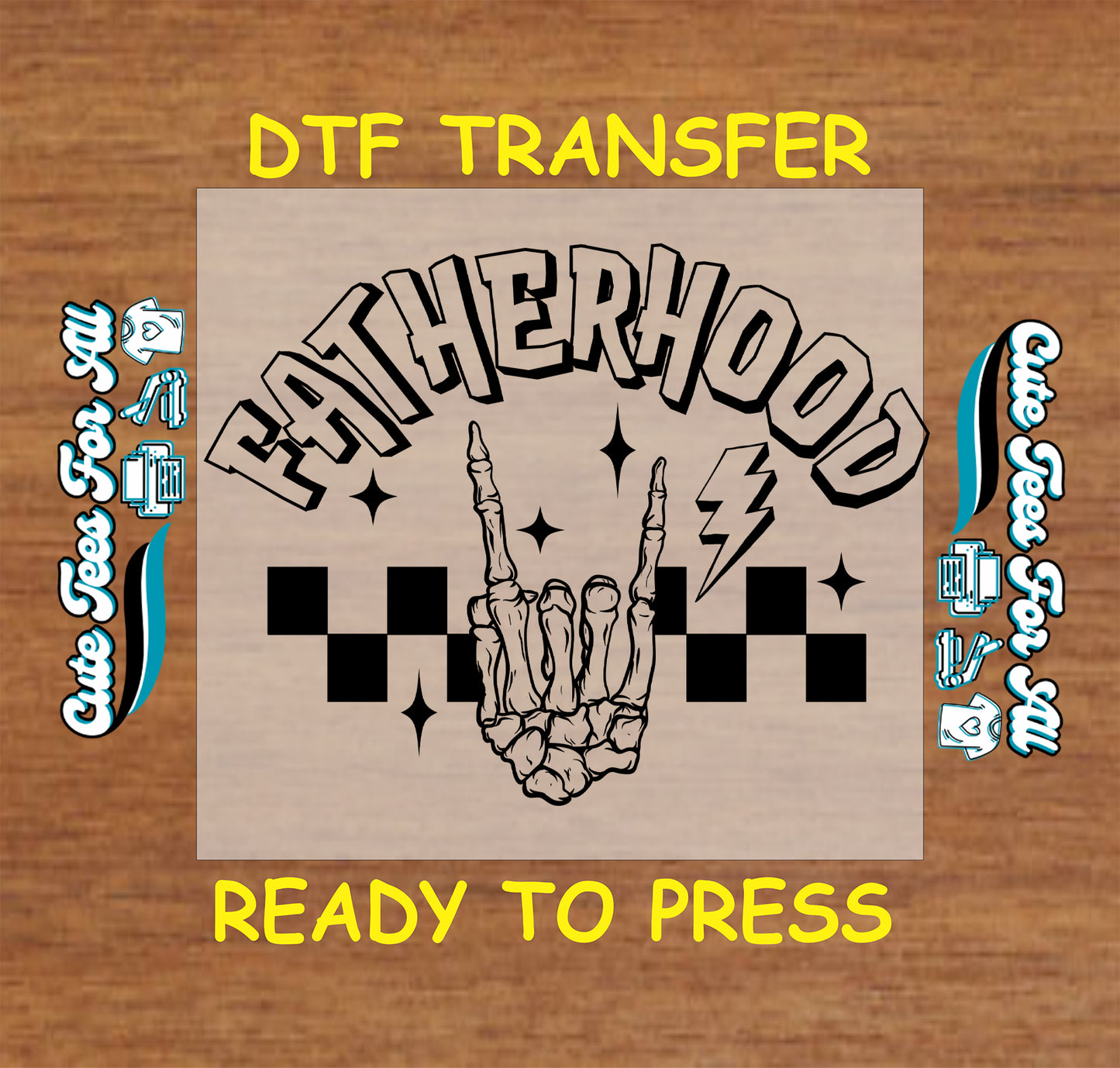 Skeleton hand rock sign with "Fatherhood" text and checkered lightning accents.