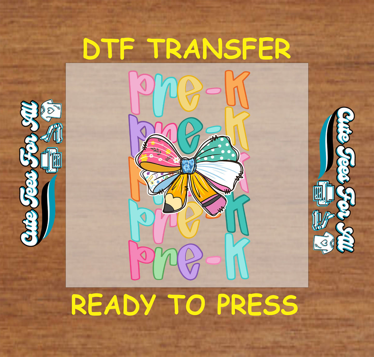 Pre-K DTF transfer with stacked pastel text and large patchwork bow made from pencil patterns.