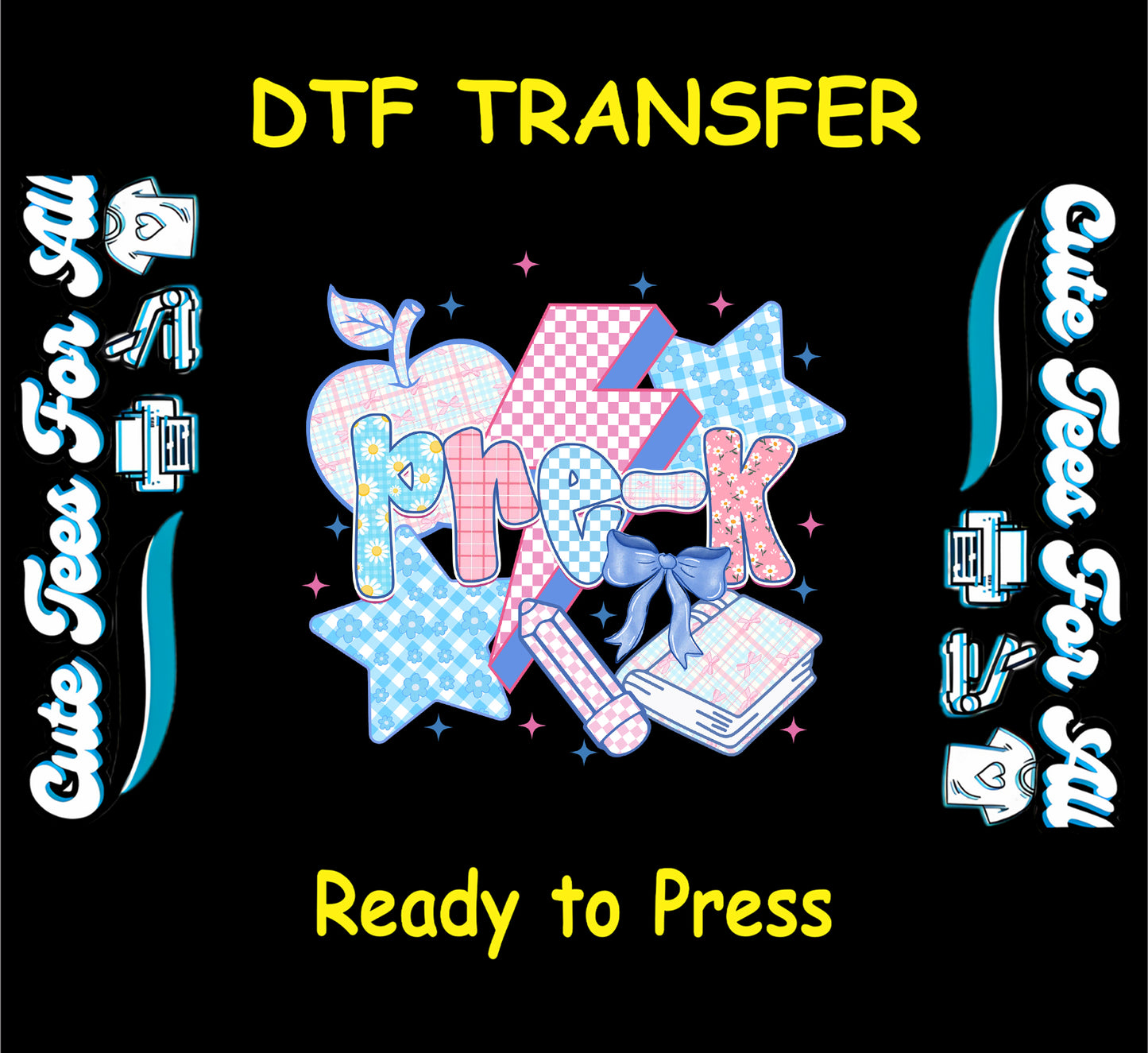 Pre-K DTF transfer with pastel plaid apple, books, pencil, and blue bow on black background.