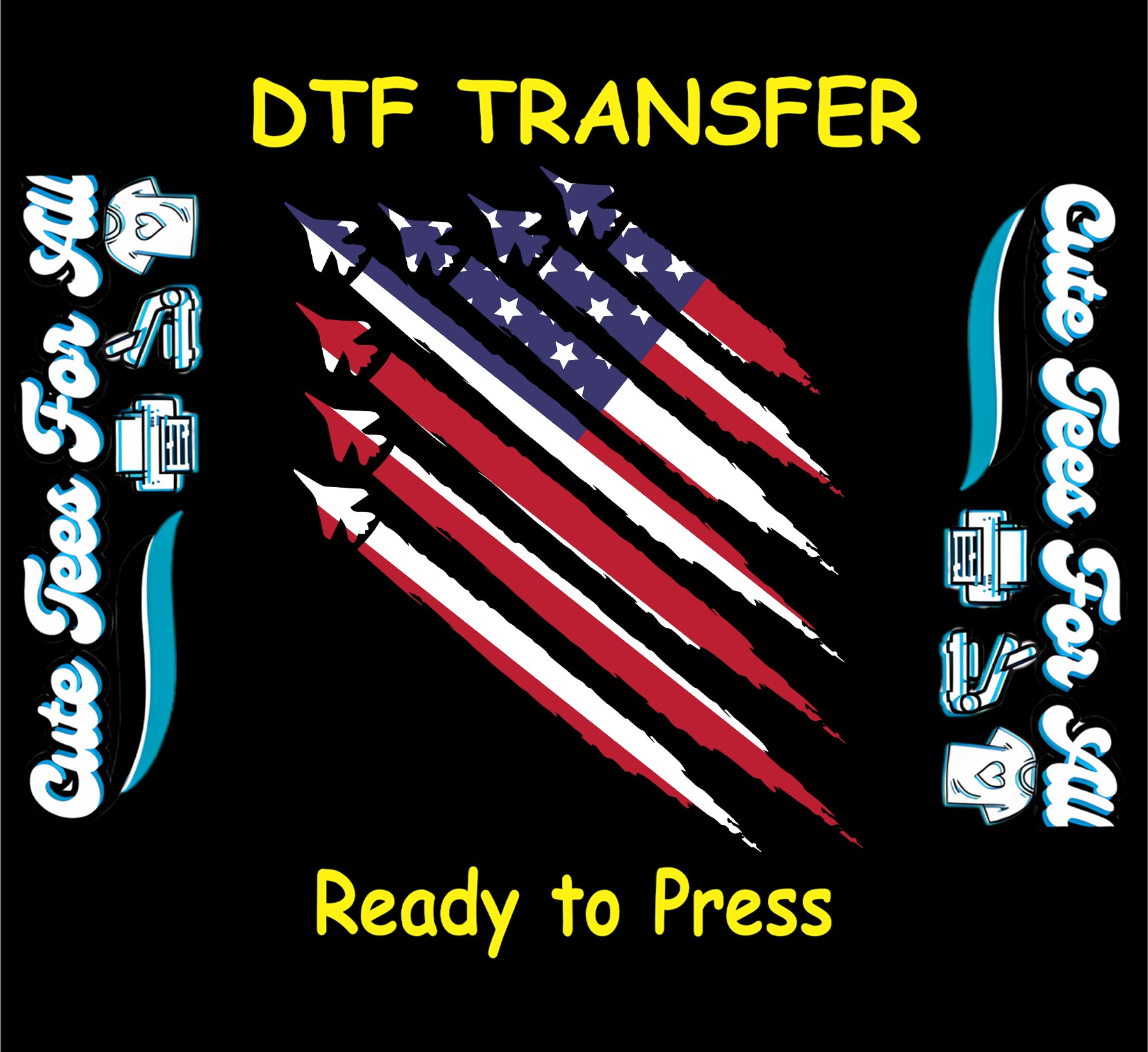 DTF transfer with fighter jets flying in red, white, and blue flag stripes.