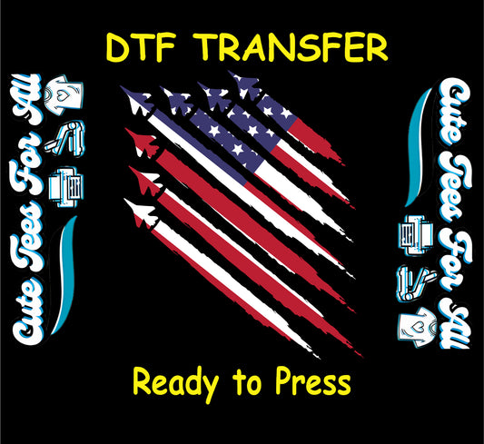 DTF transfer with fighter jets flying in red, white, and blue flag stripes.