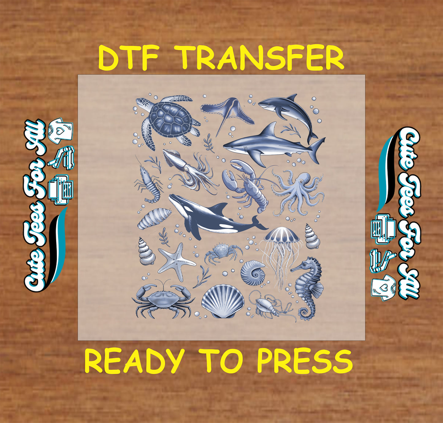 DTF transfer with ocean animals including shark, orca, jellyfish, sea turtle, octopus, starfish, and shells.