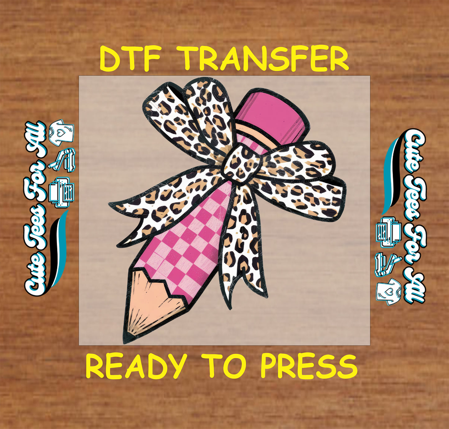 DTF transfer featuring pink gingham pencil wrapped in leopard print bow.