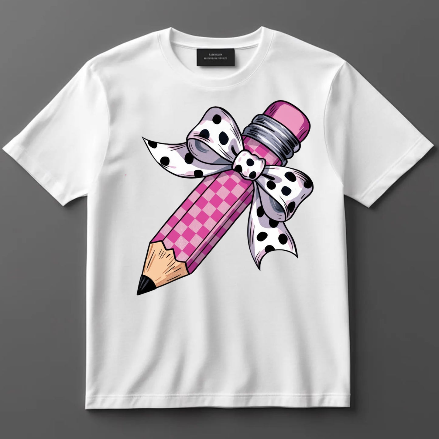 Back to School DTF Transfer Iron On Heat Transfer - Ready to Press, Pink Gingham Pencil DTF Transfer 10390