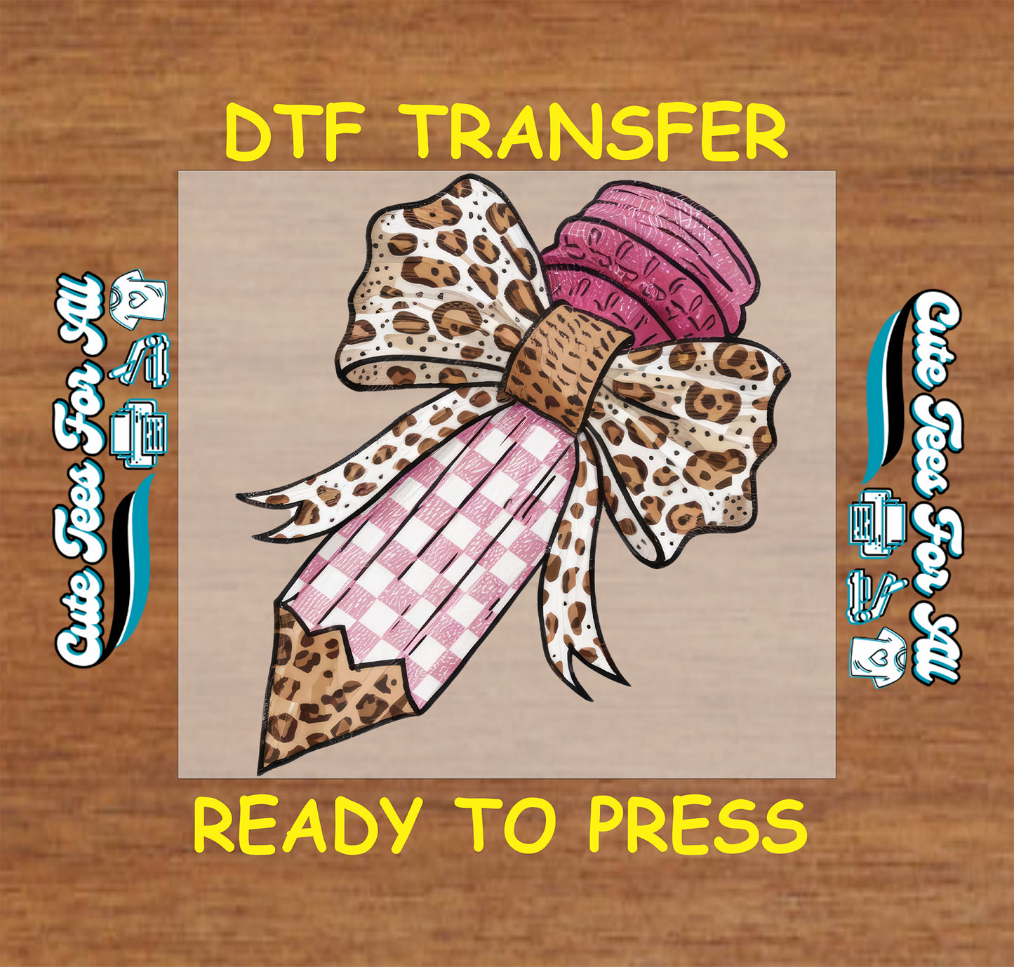 Pink gingham pencil with leopard print bow and pink eraser DTF transfer.