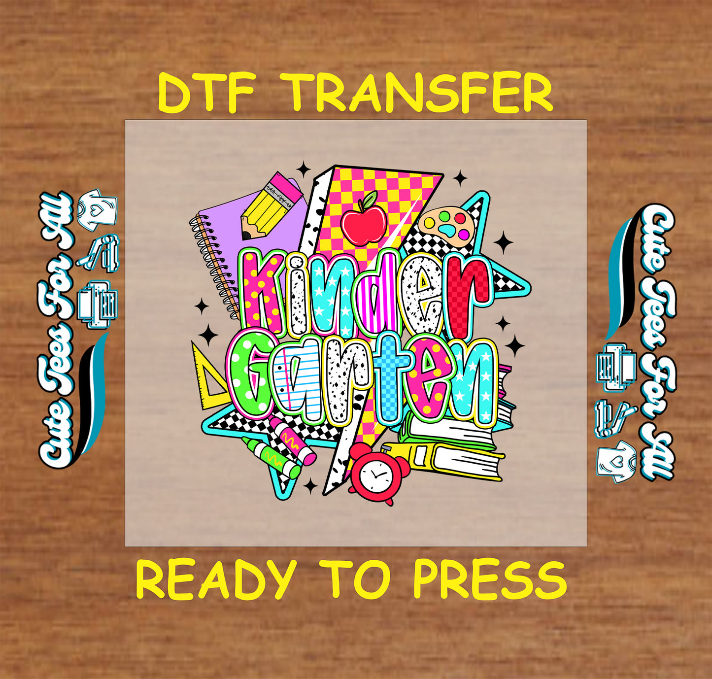 Kindergarten DTF transfer with retro school supplies, rainbow text, and bold icons.