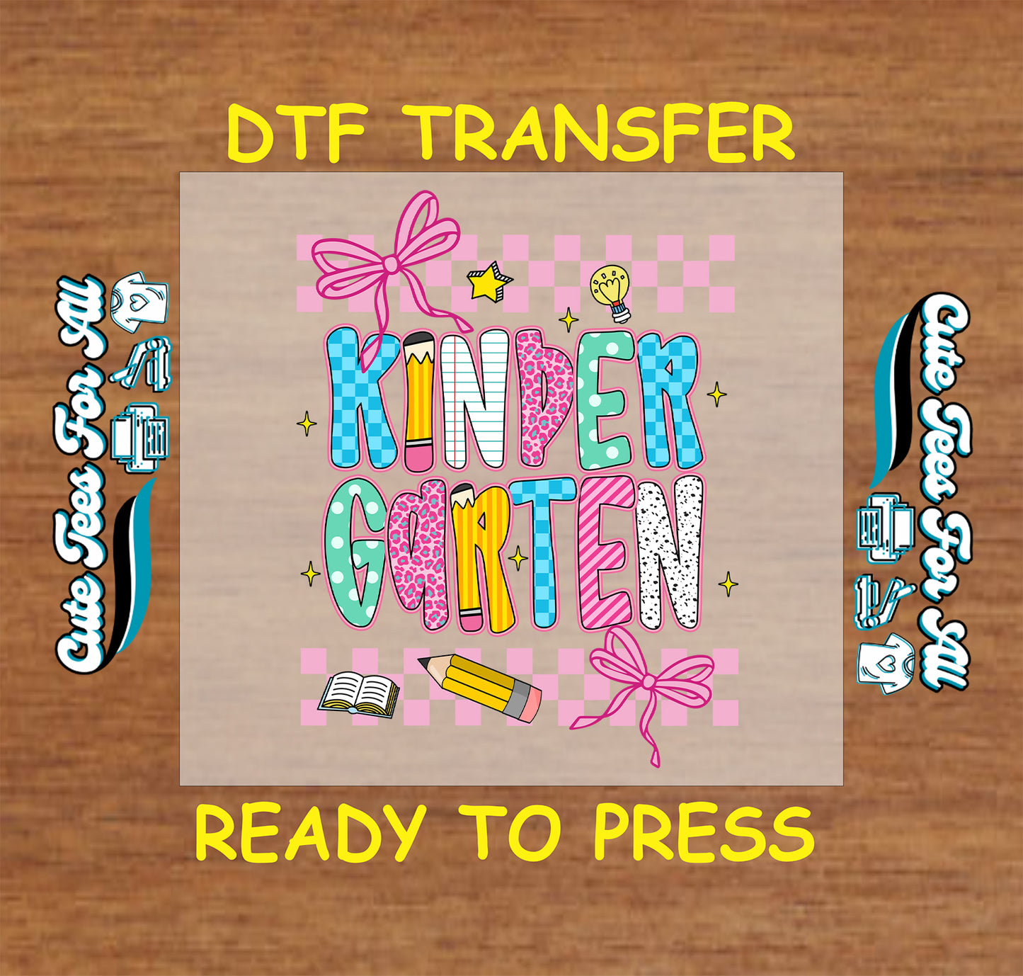 Kindergarten DTF transfer with checkerboard, polka dots, and school icons.