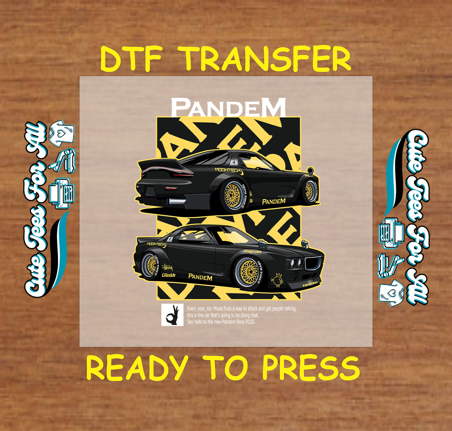 DTF transfer with two black tuner cars, gold wheels, and bold yellow racing background.