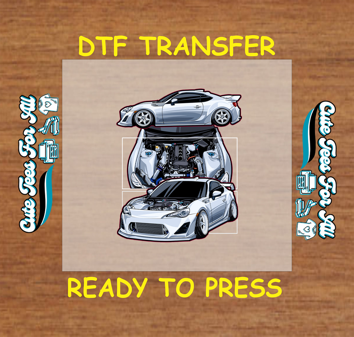 DTF transfer of silver tuner car with engine bay and performance modifications.