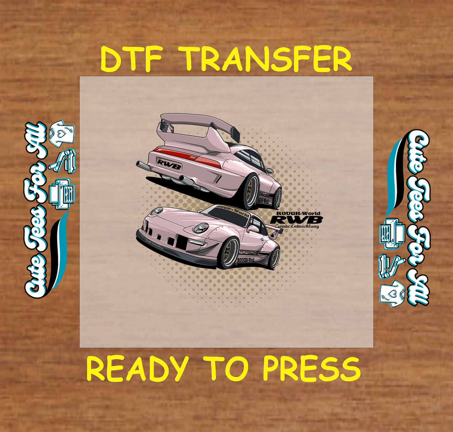 Pink widebody tuner car DTF transfer with front and rear views and dotted halftone backdrop.
