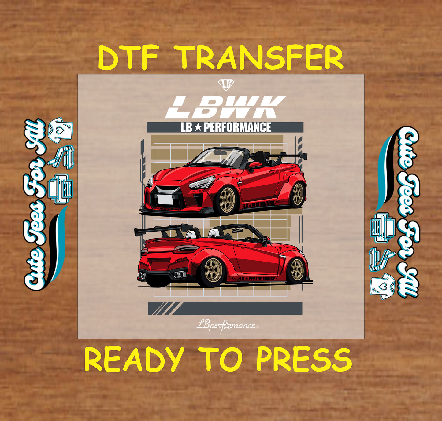 DTF transfer with red convertible widebody car, gold wheels, and front and rear view layout.