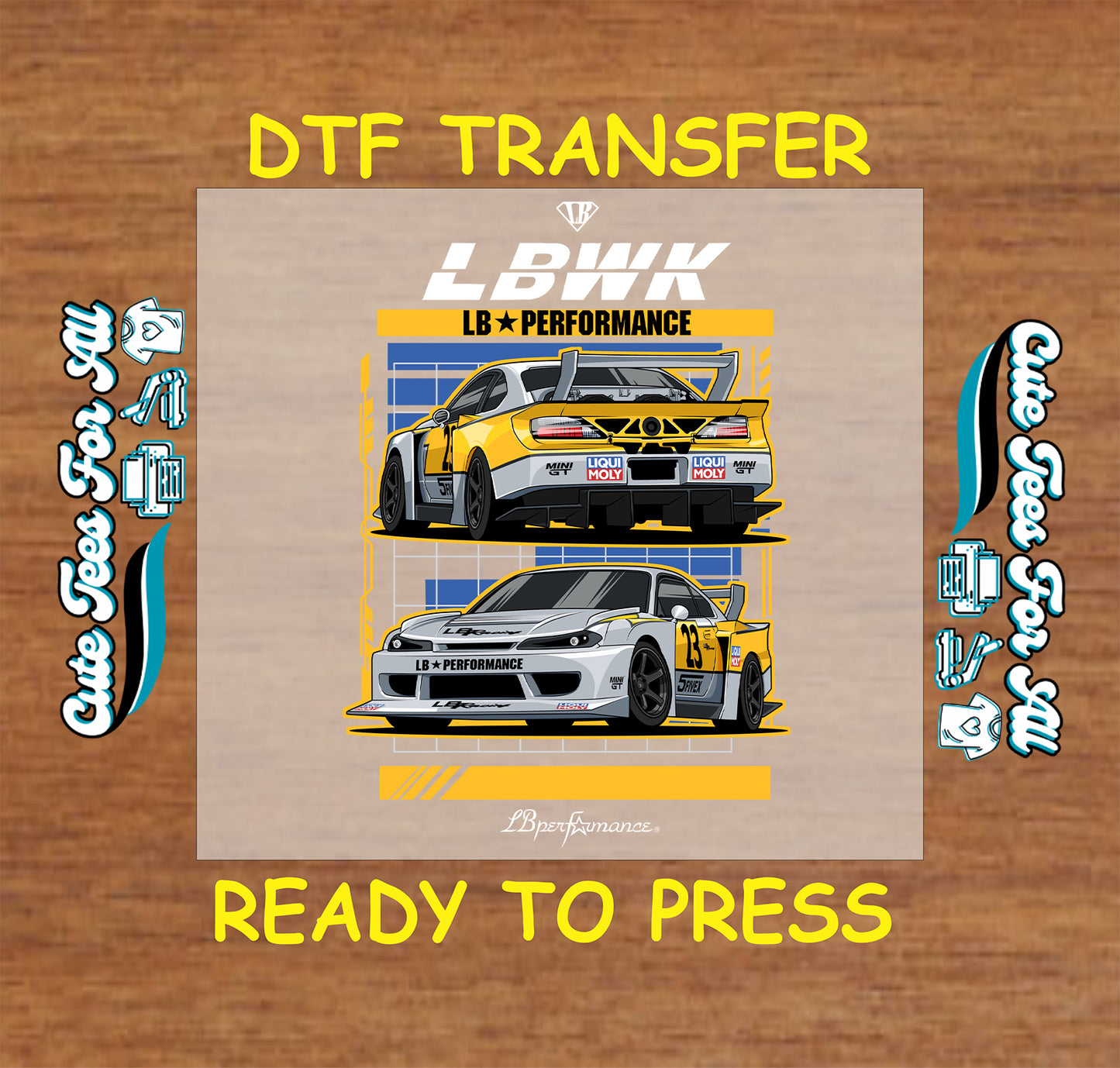 DTF transfer with yellow and white widebody coupe, racing numbers, and rear wing.
