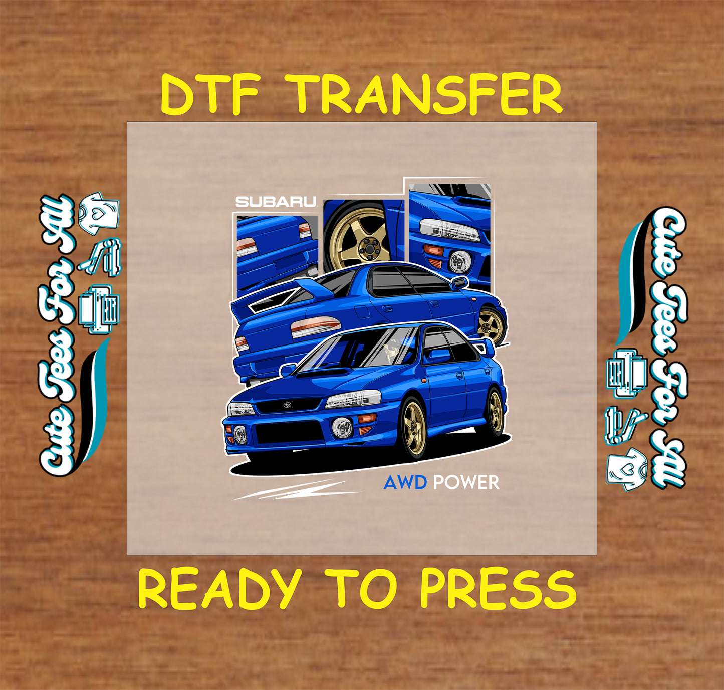 DTF transfer of blue AWD rally-style sedan with front, rear, and wheel detail panels.