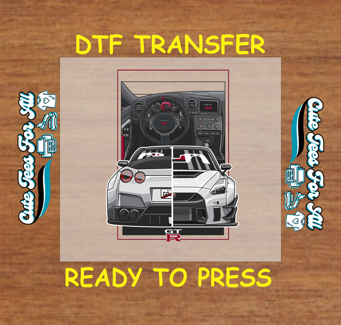 DTF transfer with split cockpit and front-rear tuner car in grayscale and red accent layout.