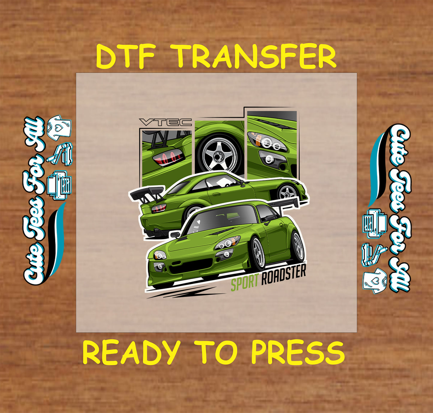 DTF transfer of green sport roadster with front, rear, and detail panels.