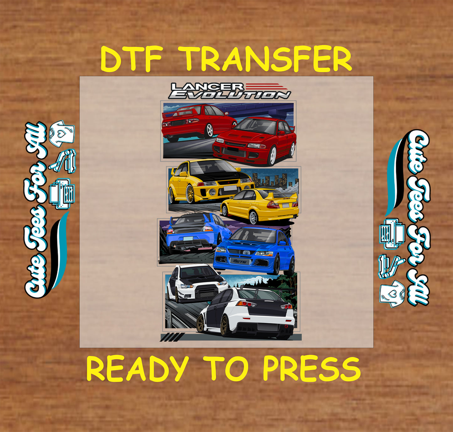 DTF transfer with red, yellow, blue, and white turbo sedans in stacked vertical layout.