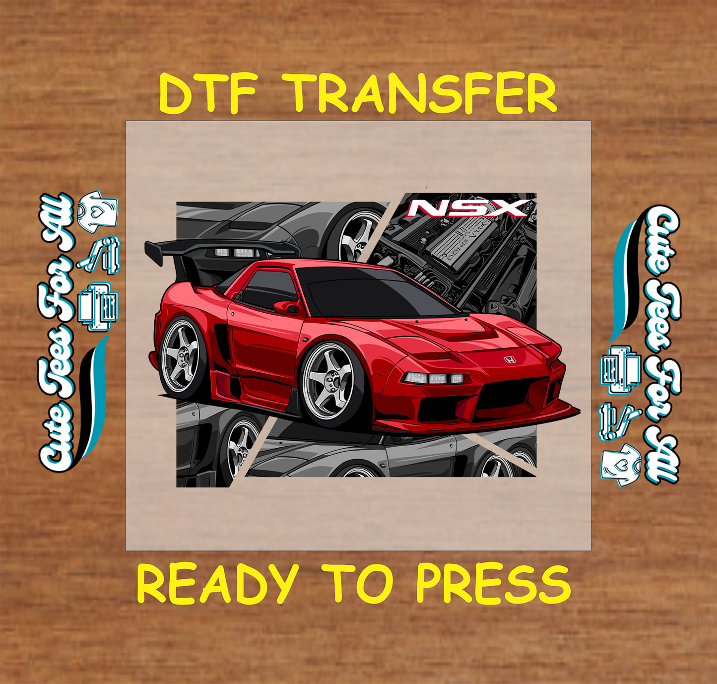 Red widebody mid-engine coupe DTF transfer with performance parts and bold stance.