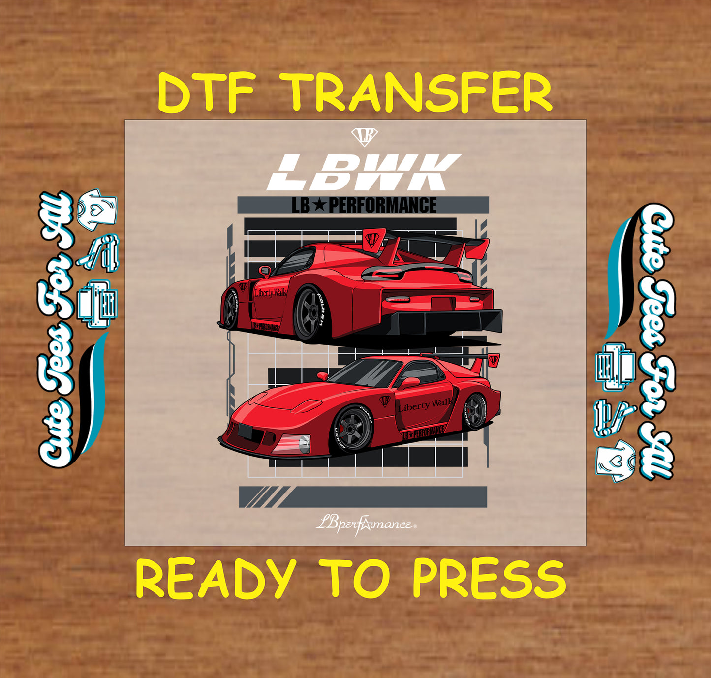 Red drift coupe shown front and rear, ready-to-press DTF transfer.