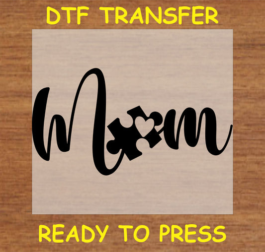 "Autism Mom DTF Transfer with puzzle piece heart design"
