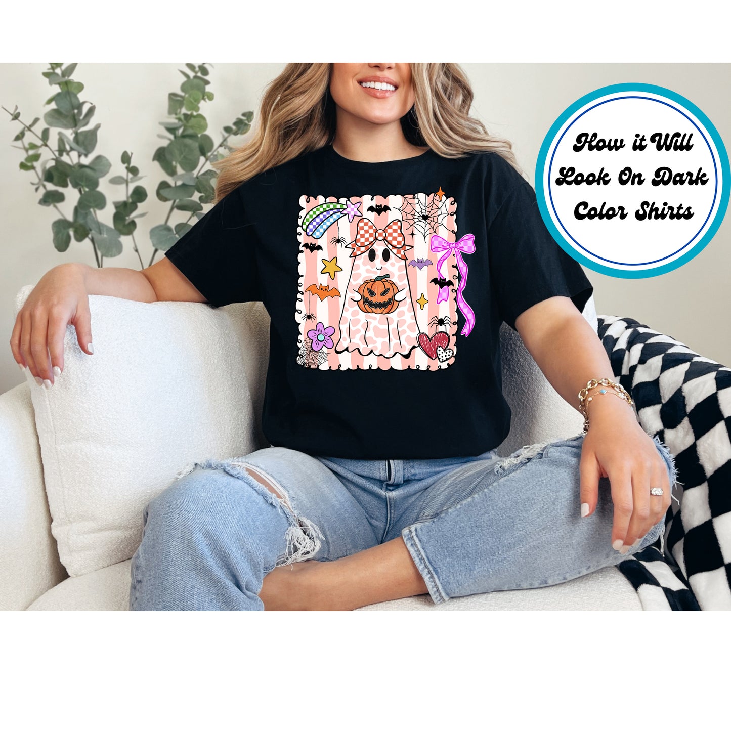 Halloween DTF Transfer Iron On Heat Transfer – Pink Ghost with Pumpkin and Bows 10649