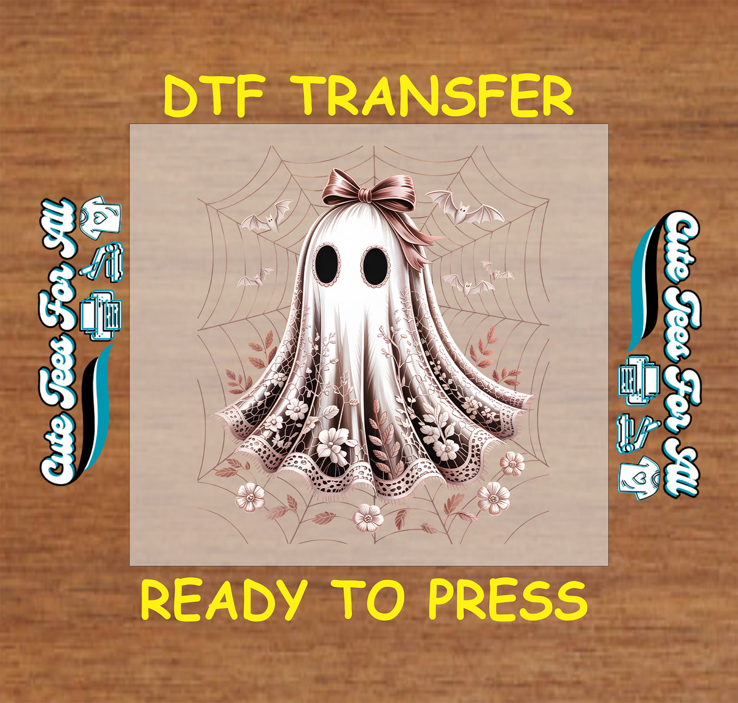 Lace ghost with floral embroidery, spiderwebs, and bow Halloween DTF transfer