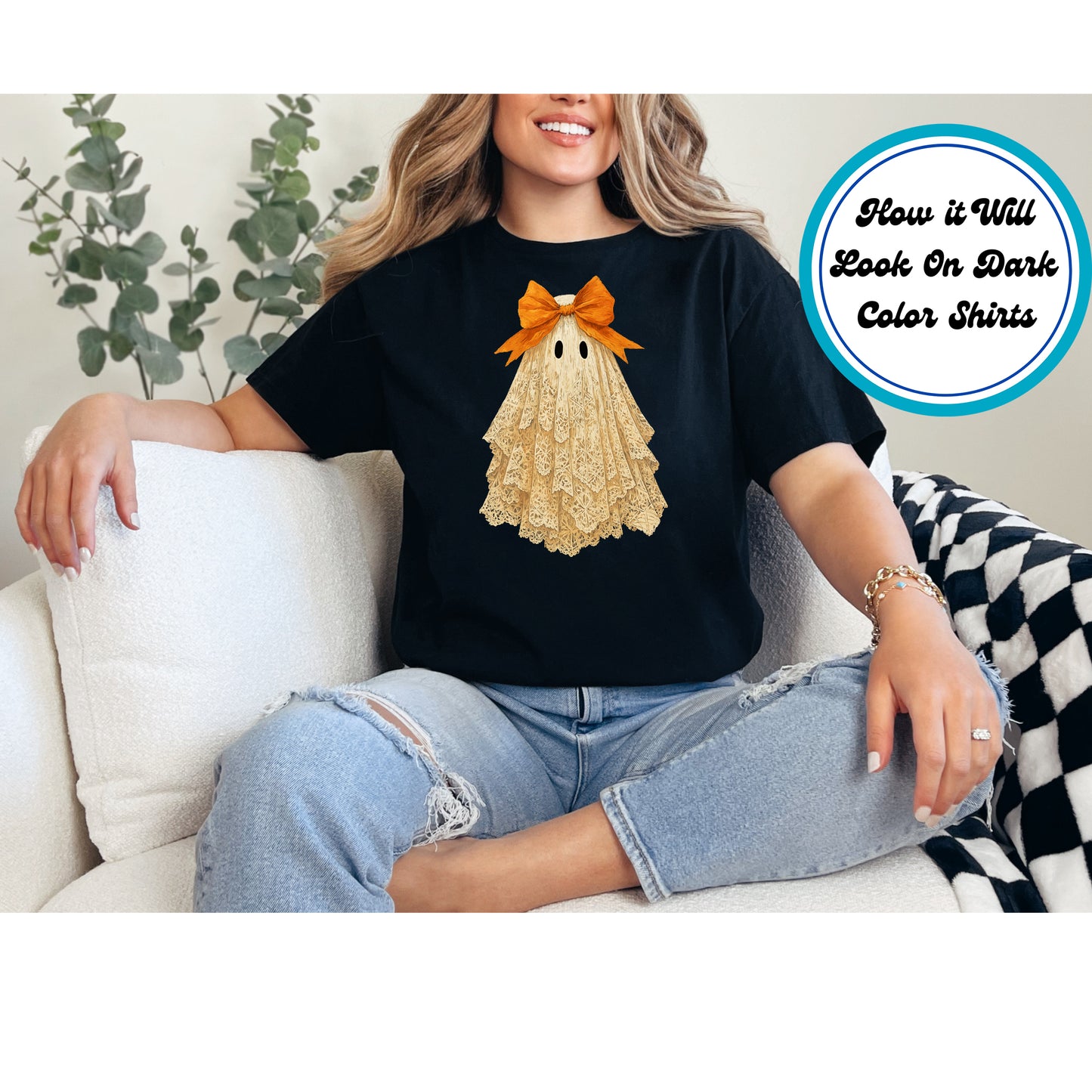 Halloween DTF Transfer Iron On Heat Transfer – Lace Ghost with Orange Bow 10652