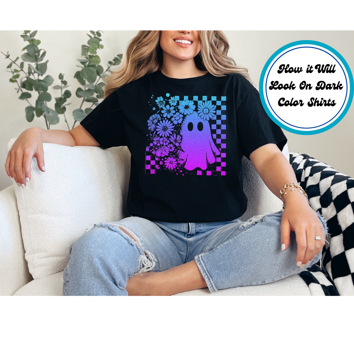 Halloween DTF Transfer Iron On Heat Transfer – Purple Blue Ghost with Flowers and Checkered Background 10654