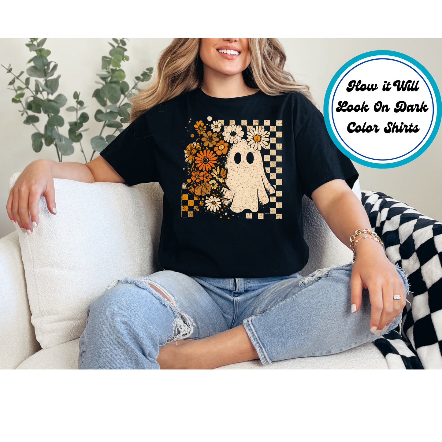 Halloween DTF Transfer Iron On Heat Transfer – Cream Ghost with Orange Flowers and Checkerboard 10655