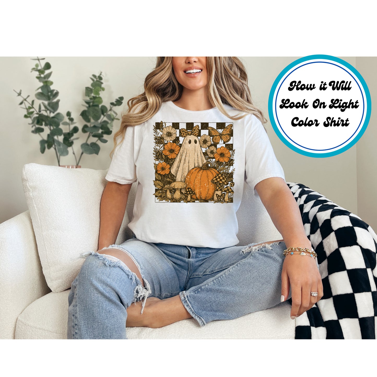 Halloween DTF Transfer Iron On Heat Transfer – Ghost with Pumpkin, Mushrooms, and Butterfly 10656
