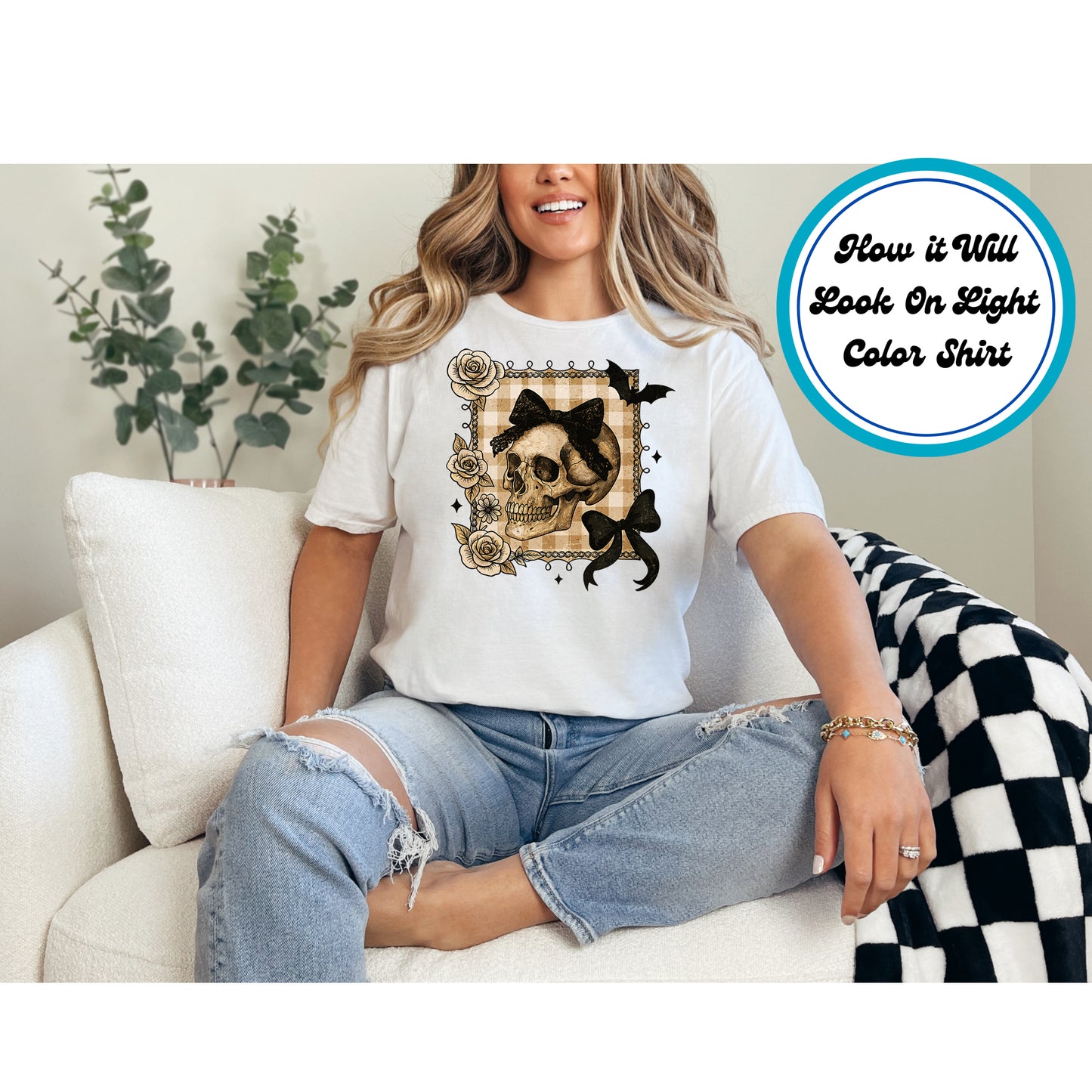 Halloween DTF Transfer Iron On Heat Transfer – Skull with Bows, Roses, and Bats 10657