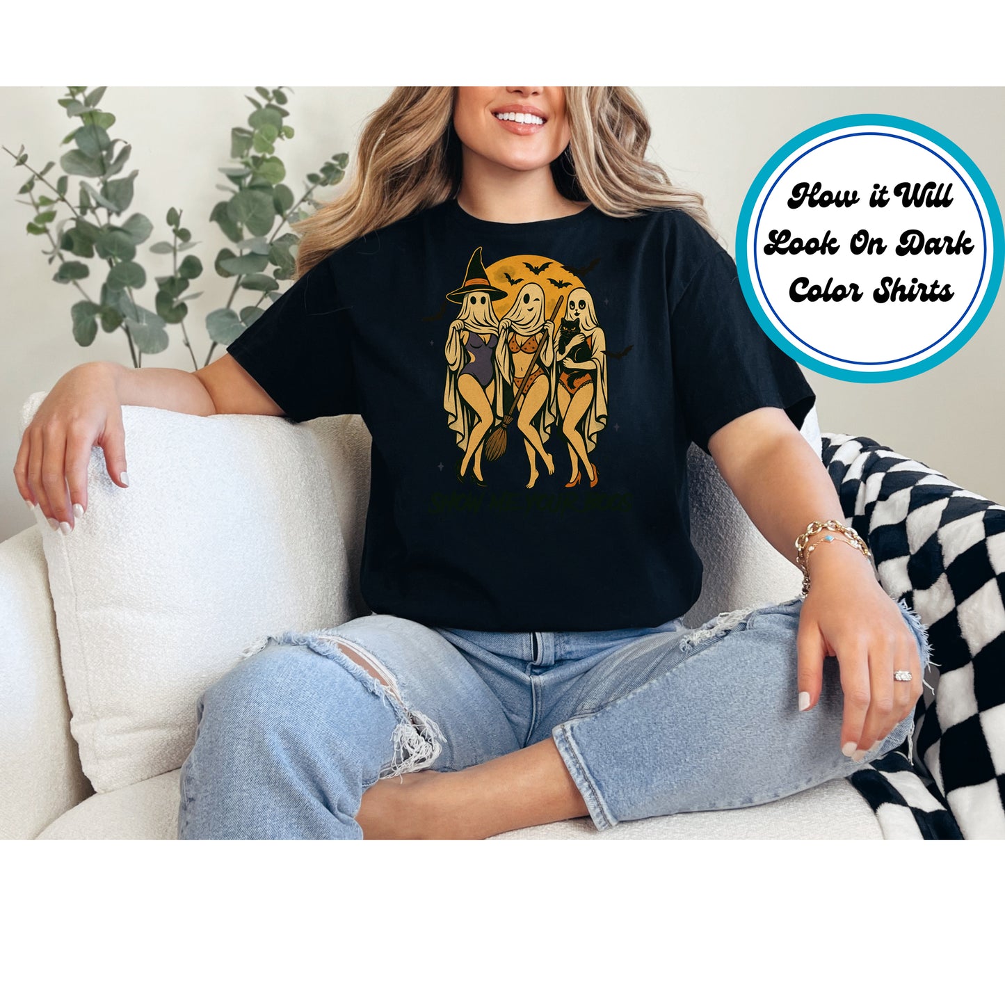 Halloween DTF Transfer Iron On Heat Transfer Show Me Your Boos Retro Ghost Trio - Ready to Press Design 10702